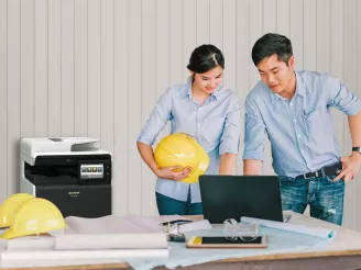 Two construction workers on laptop-Printer-Product
